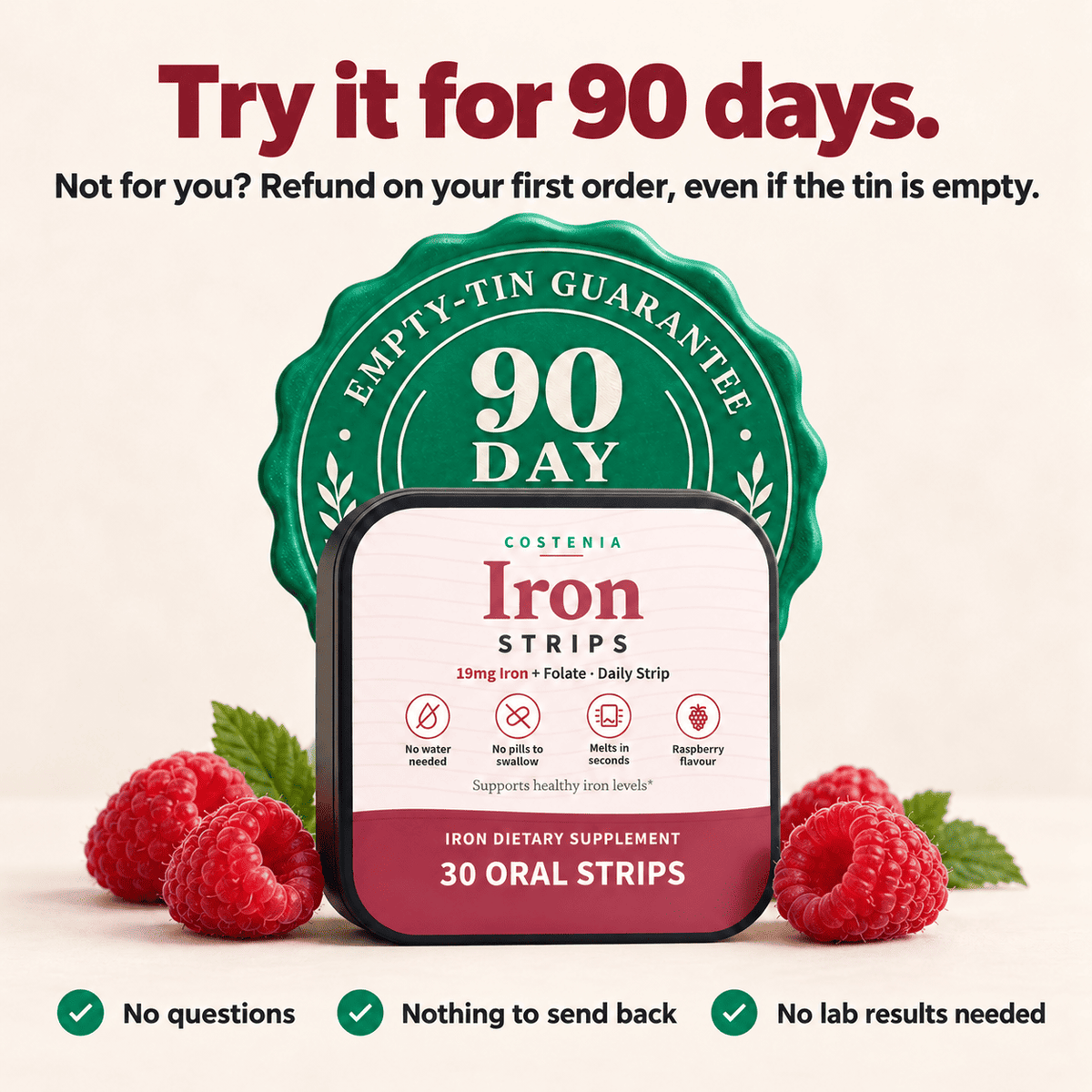Costenia Iron Strips – 19mg Iron + Folate, Raspberry (30 Strips)