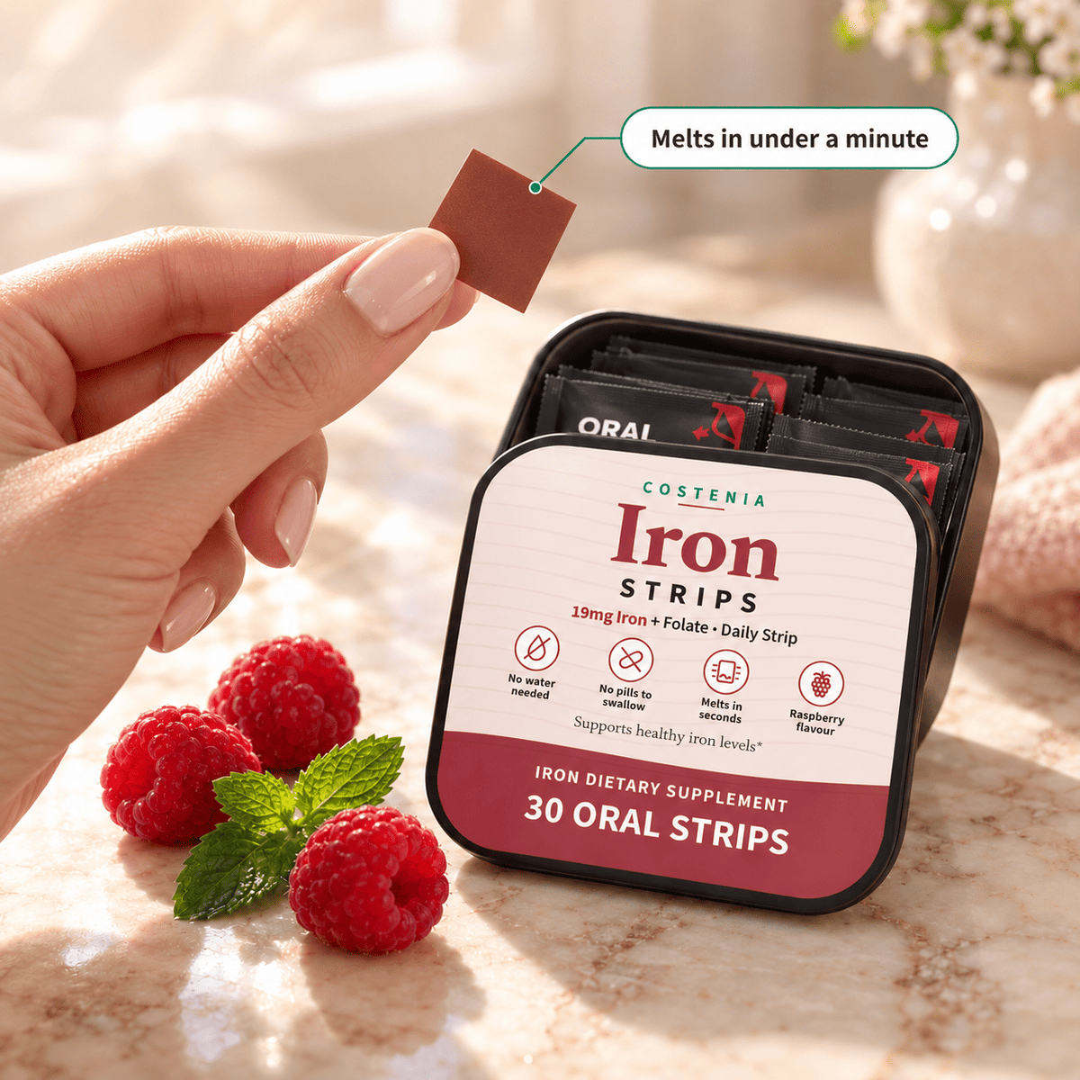 Costenia Iron Strips – 19mg Iron + Folate, Raspberry (30 Strips)