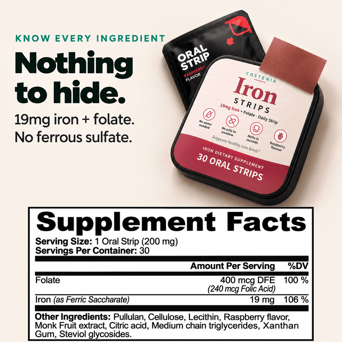 Costenia Iron Strips – 19mg Iron + Folate, Raspberry (30 Strips)