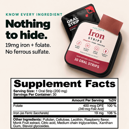 Costenia Iron Strips – 19mg Iron + Folate, Raspberry (30 Strips)