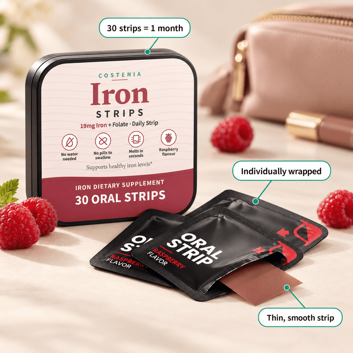 Costenia Iron Strips – 19mg Iron + Folate, Raspberry (30 Strips)