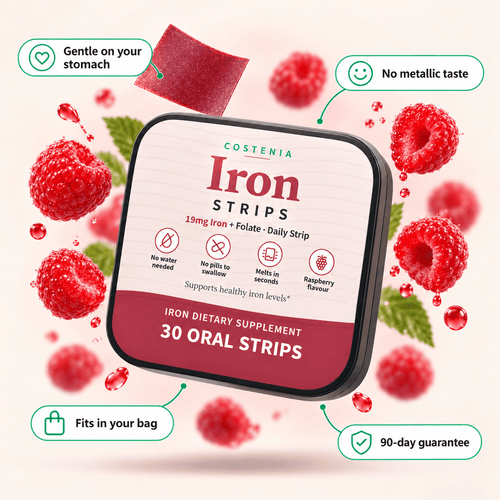 Costenia Iron Strips – 19mg Iron + Folate, Raspberry (30 Strips)